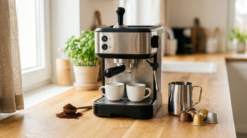 Cafeteira compacta preta e inox com jarra, café moído de um lado e cápsulas do outro