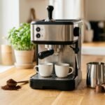 Cafeteira compacta preta e inox com jarra, café moído de um lado e cápsulas do outro