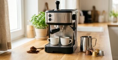 Cafeteira compacta preta e inox com jarra, café moído de um lado e cápsulas do outro