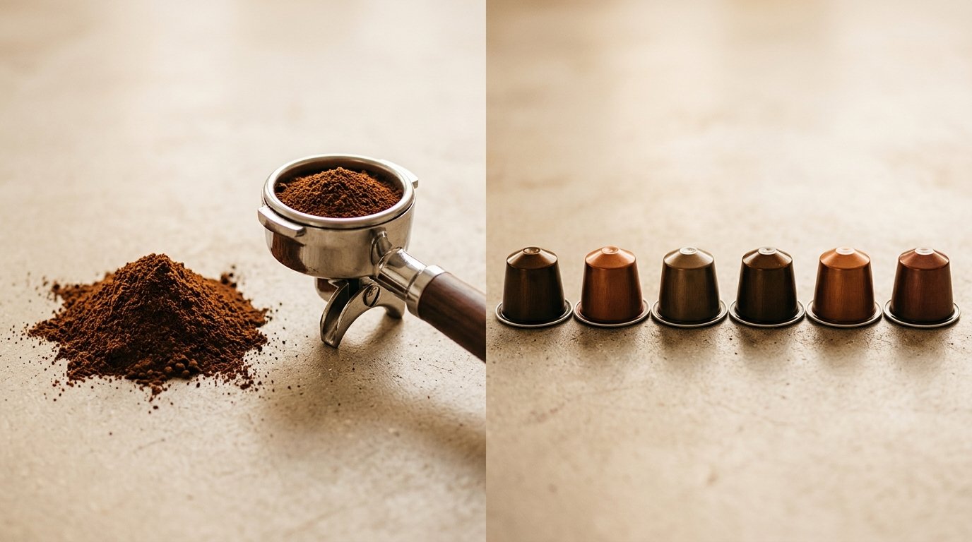 Composição dividida com café moído e porta-filtro de um lado e cápsulas enfileiradas do outro