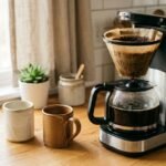 Cafeteira elétrica de aço inox com jarra de vidro cheia e duas canecas sobre bancada de madeira clara