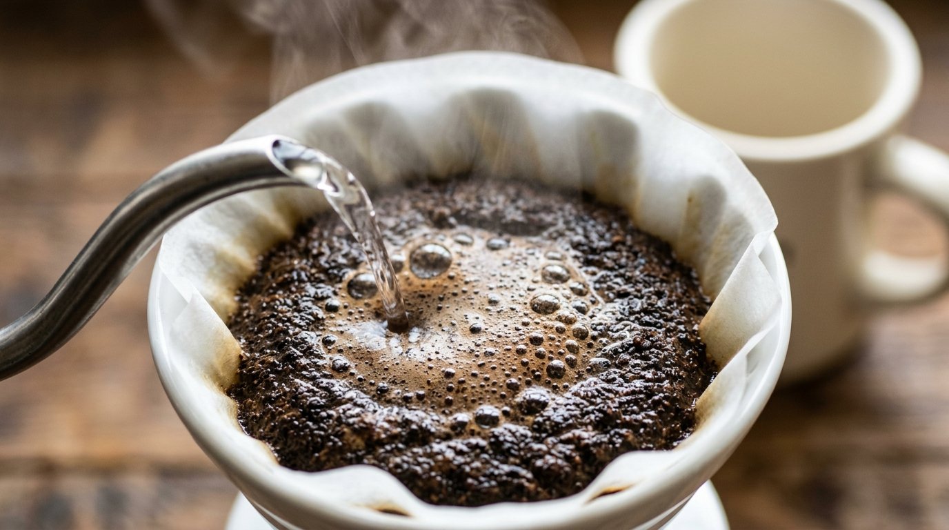Água quente caindo sobre o café moído no filtro de papel, com o pó florescendo e vapor subindo