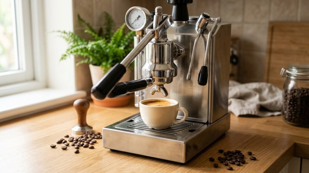 Máquina de espresso manual em aço inoxidável sobre bancada clara com xícara de espresso e grãos