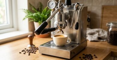 Máquina de espresso manual em aço inoxidável sobre bancada clara com xícara de espresso e grãos