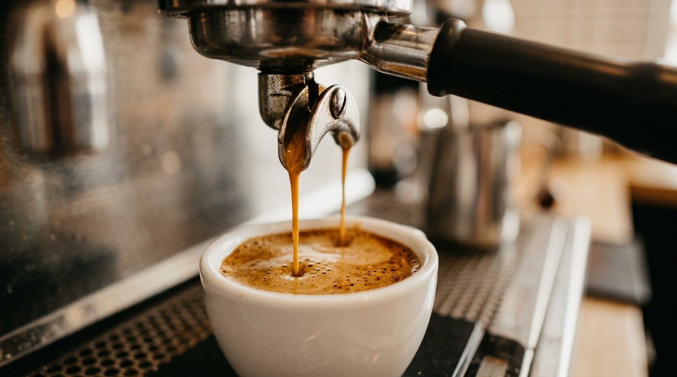 Close-up da extração de espresso saindo do porta-filtro com crema dourada se formando na xícara