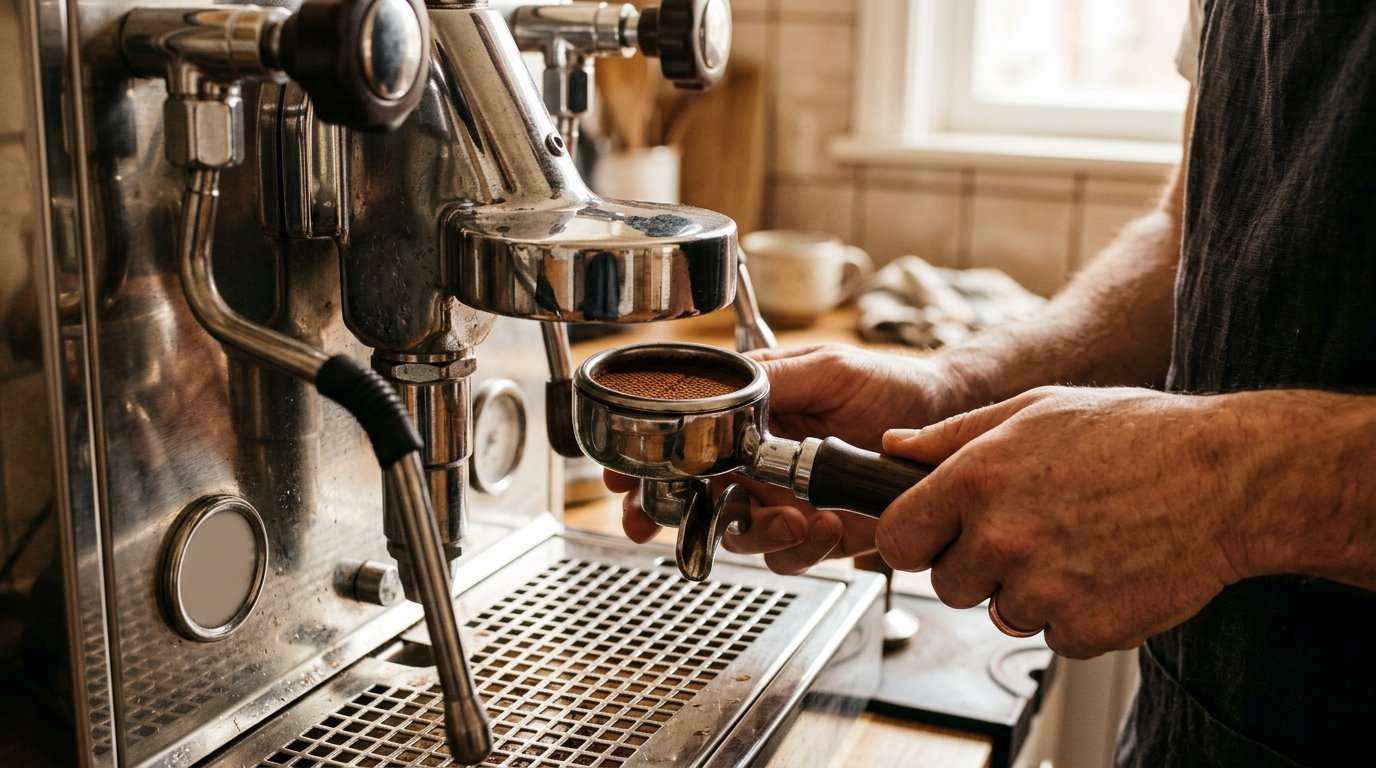 Porta-filtro sendo encaixado no grupo da máquina de espresso, com o café já compactado no cesto