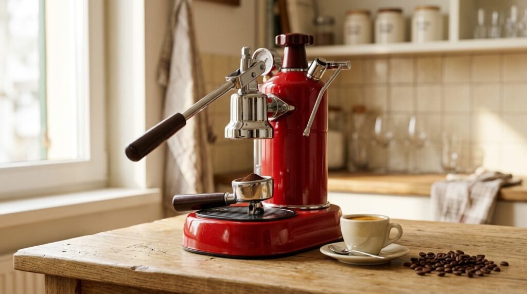 Máquina de espresso manual vermelha com detalhes cromados sobre bancada de madeira clara