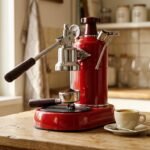 Máquina de espresso manual vermelha com detalhes cromados sobre bancada de madeira clara