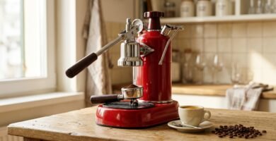 Máquina de espresso manual vermelha com detalhes cromados sobre bancada de madeira clara
