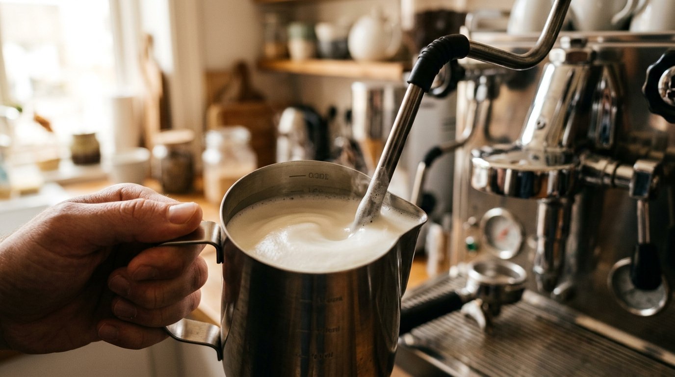 Leite sendo vaporizado em pitcher de inox formando microespuma brilhante sob a lança de vapor