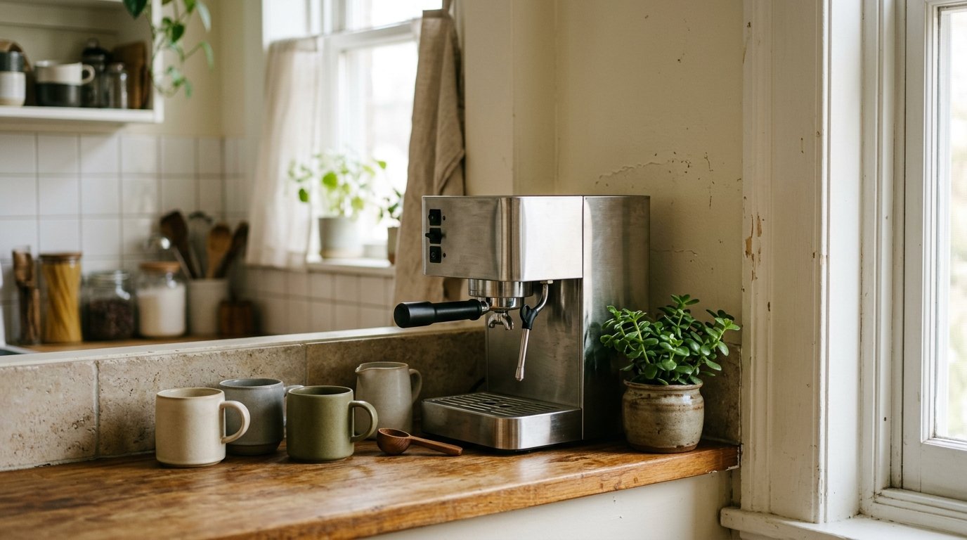 Máquina de espresso compacta em bancada estreita de cozinha pequena, mostrando o espaço reduzido que ocupa