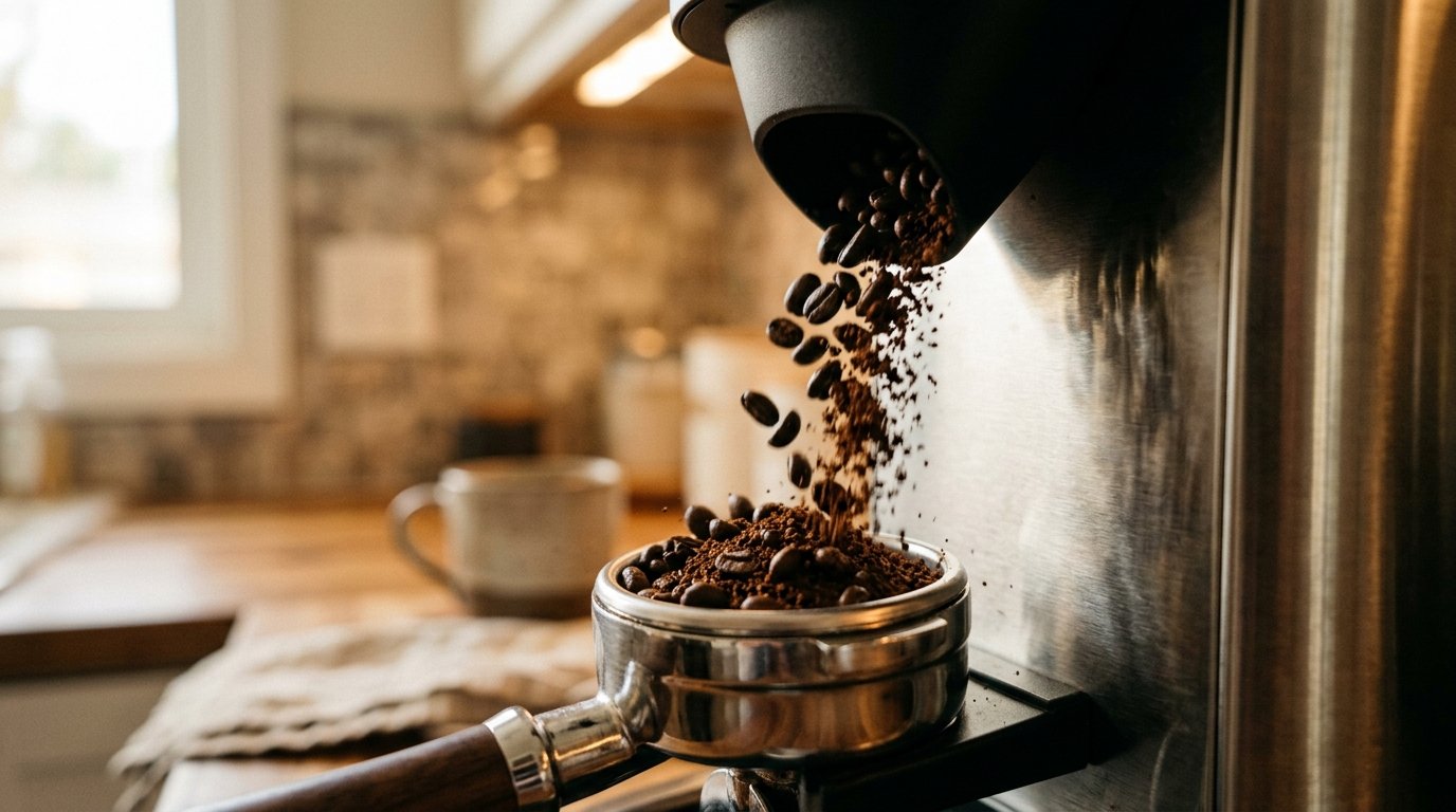 Café sendo moído direto no porta-filtro pelo moedor integrado da máquina de espresso