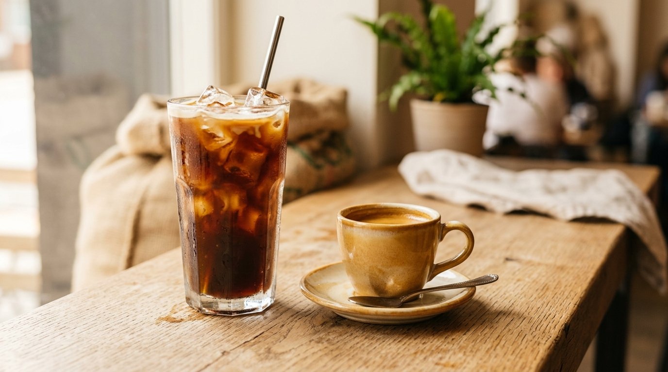 Copo de café gelado com gelo ao lado de xícara de espresso quente, mostrando os dois preparos
