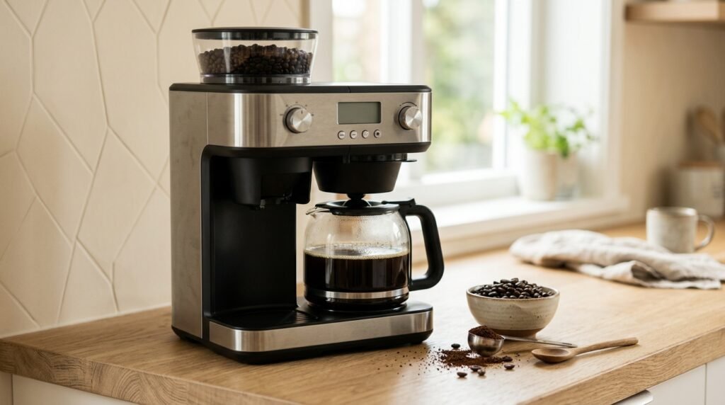 Cafeteira elétrica com moedor integrado e jarra de vidro cheia sobre bancada clara com grãos ao lado