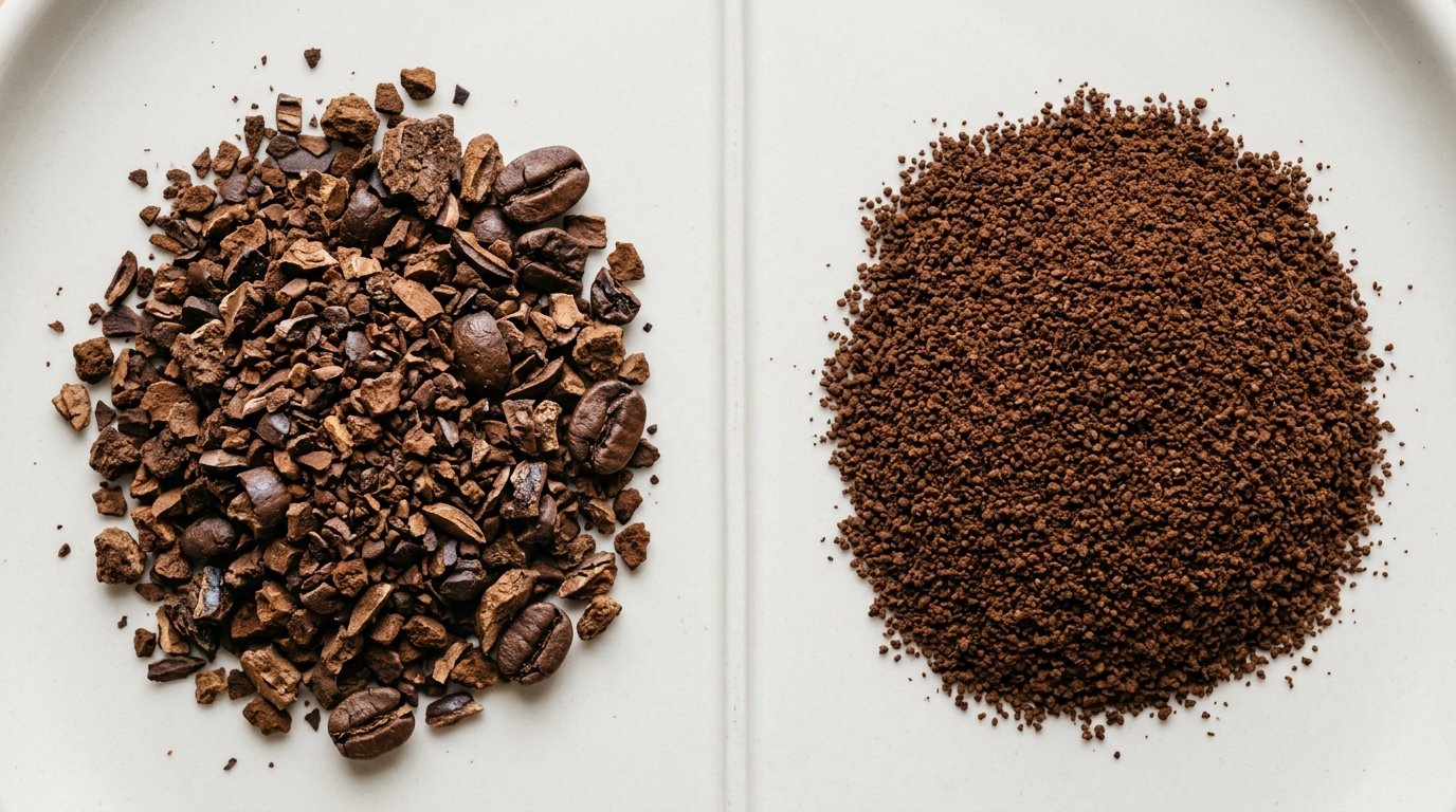 Comparação entre café moído irregular e café moído uniforme, lado a lado em superfície clara
