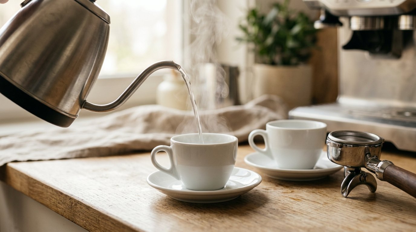 Água quente sendo despejada em xícara de porcelana para pré-aquecer, com vapor subindo