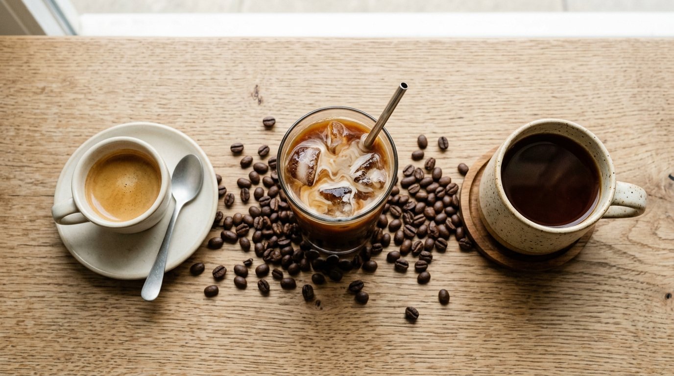 Três preparos de café lado a lado: espresso, café gelado e café coado