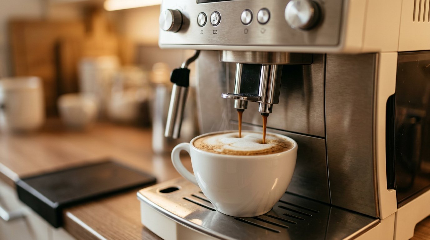 Máquina automática servindo cappuccino com camada de espuma em xícara branca