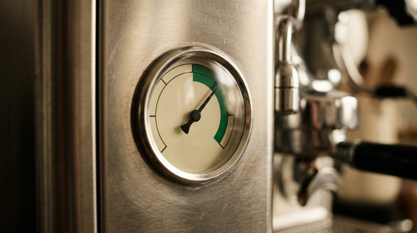 Visor analógico de temperatura em máquina de espresso de aço inox, com ponteiro na faixa ideal