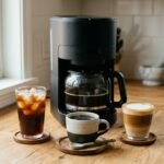 Cafeteira preta moderna com três bebidas à frente: café gelado, café preto e café com leite