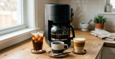 Cafeteira preta moderna com três bebidas à frente: café gelado, café preto e café com leite