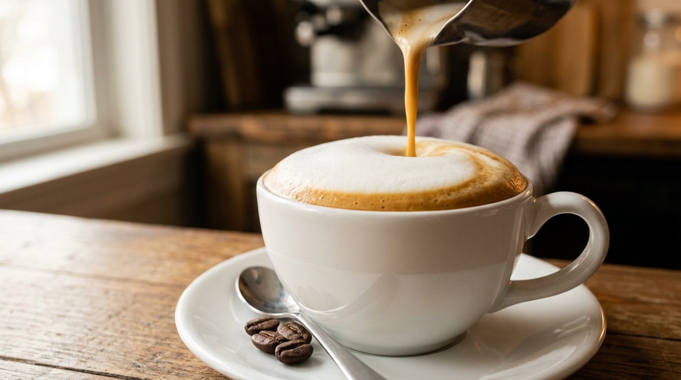 Cappuccino sendo servido em xícara branca com camada densa de espuma de leite no topo