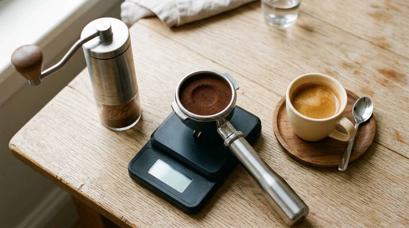 Conjunto básico para espresso em casa: porta-filtro com café compactado, moedor manual, balança e xícara