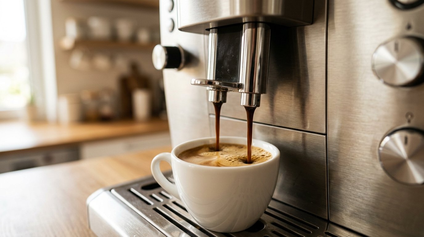 Máquina automática servindo café em xícara branca, com crema se formando na superfície